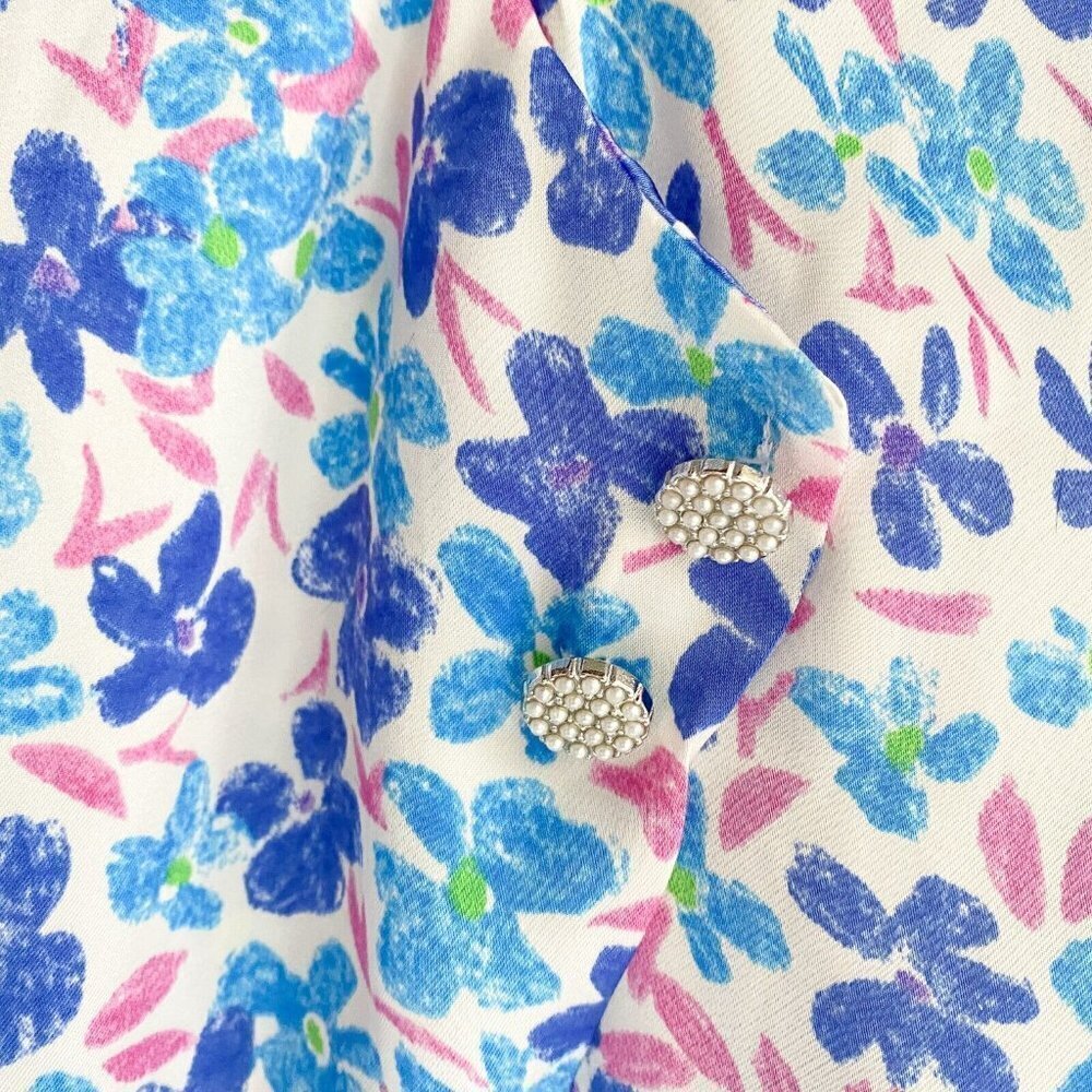 Zara Painted Floral Blue Bow Neckline Long Sleeve Blouse XS - Picture 6 of 8